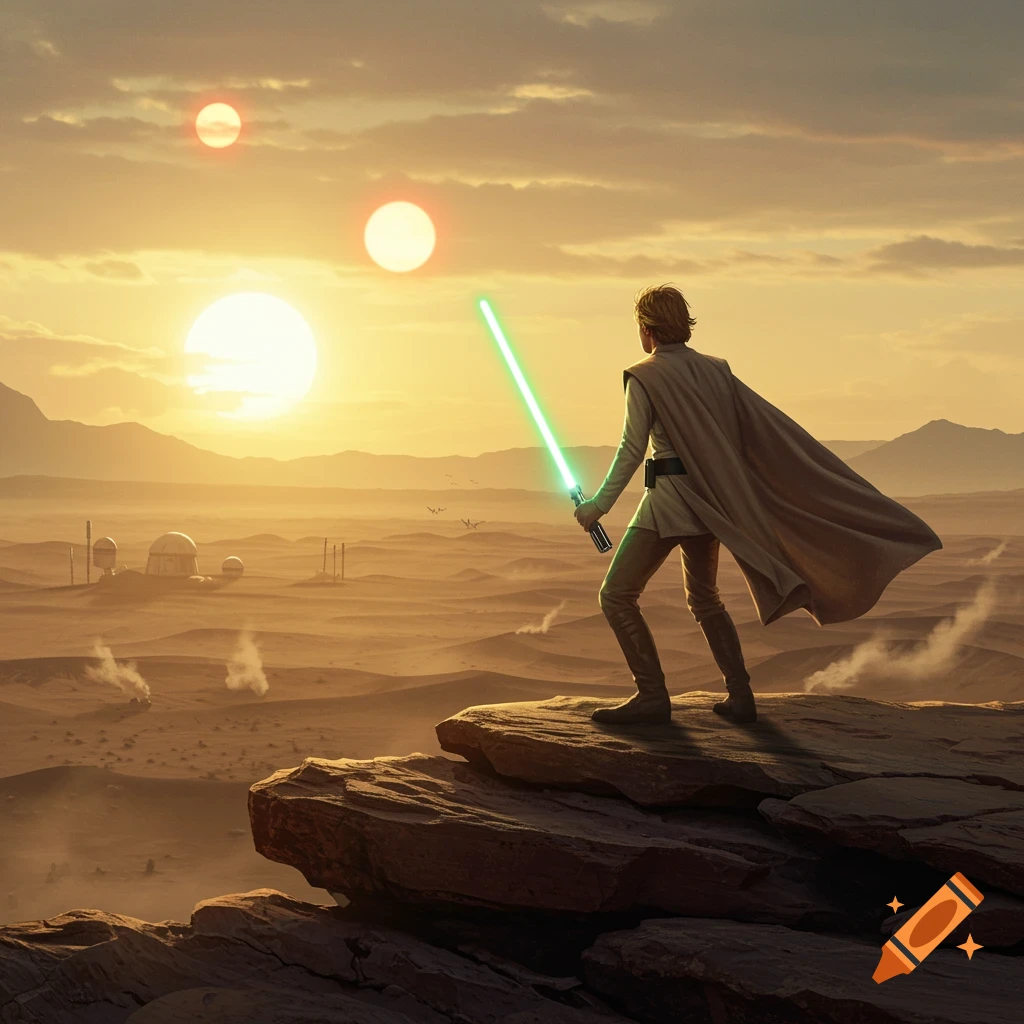 Luke Skywalker stands on a cliff, holding a green lightsaber, gazing at a desert landscape with three suns at sunset.