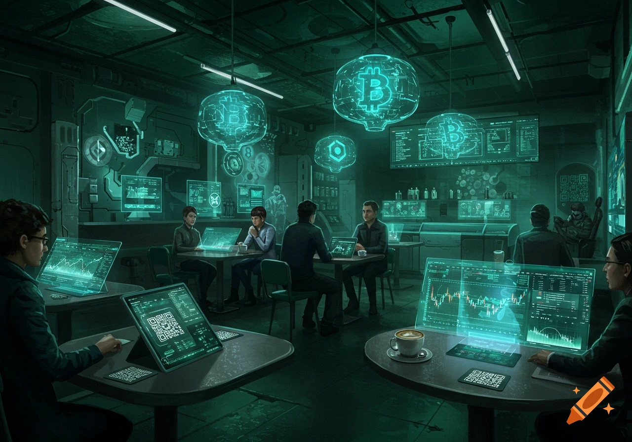 A dark, futuristic cafe with a green neon glow, showing people at tables with holographic screens displaying cryptocurrency data and graphs.