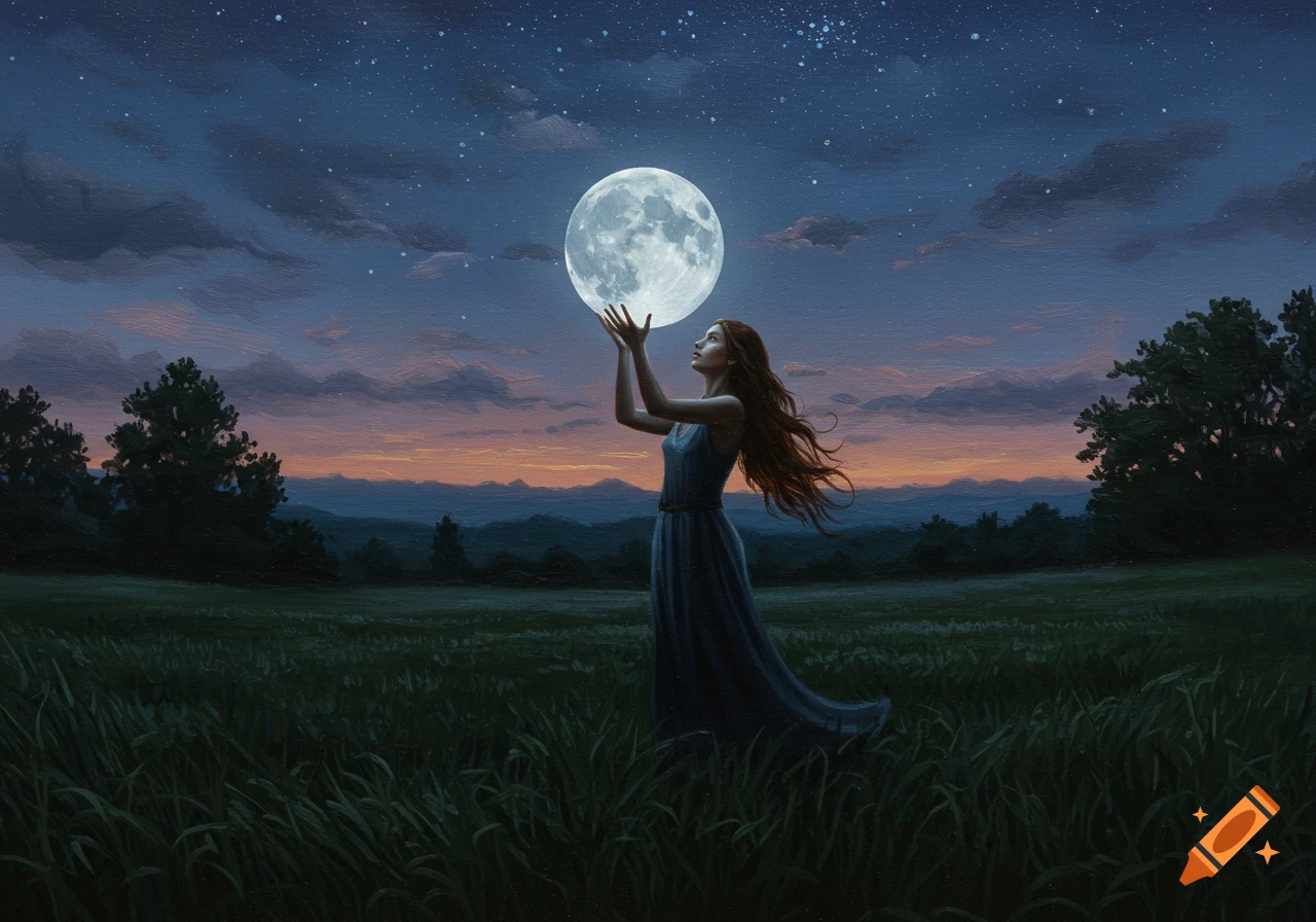 A woman with long red hair stands in a grassy field at dusk, holding a large full moon in her hands under a starry sky.