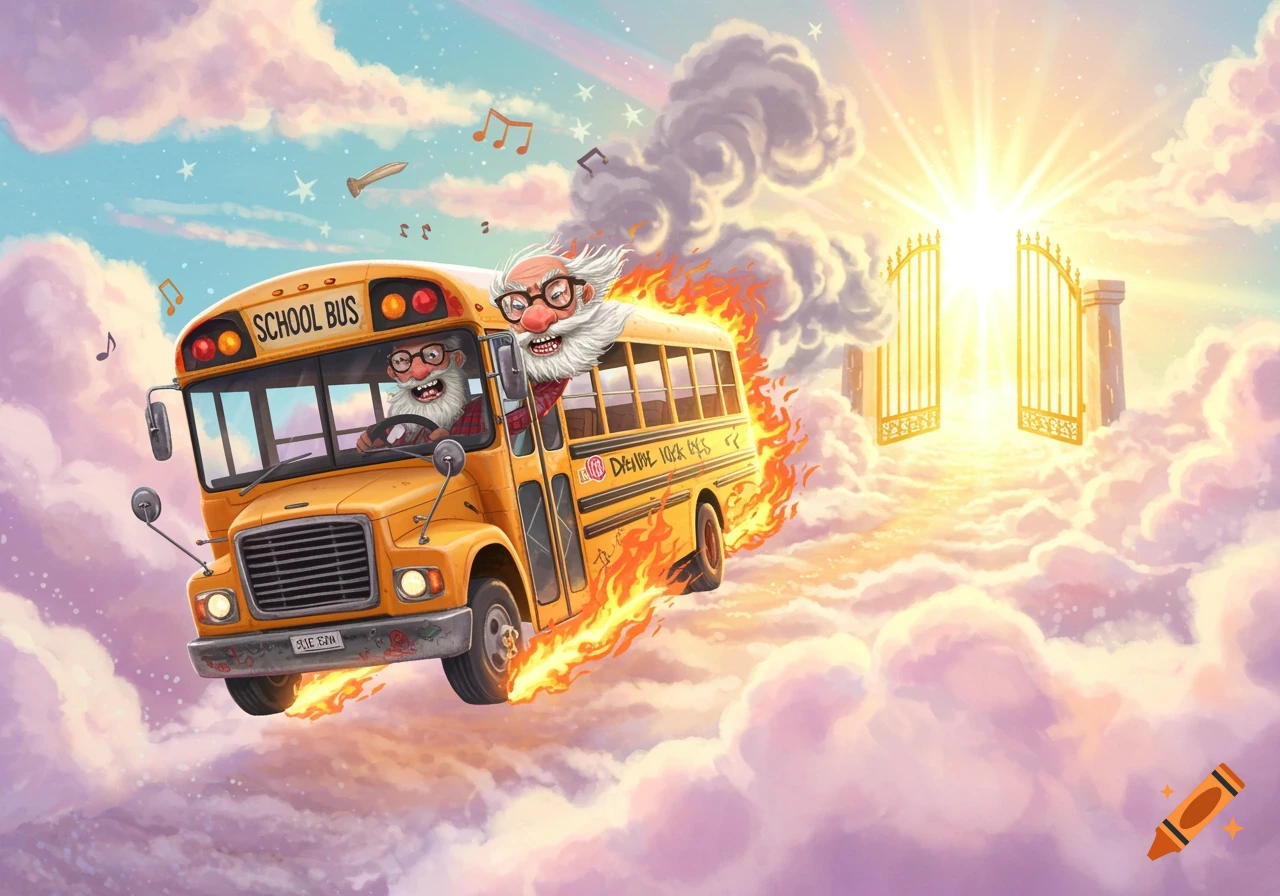 A cartoon yellow school bus, on fire and driven by two old men, flies through clouds towards bright gates of heaven.