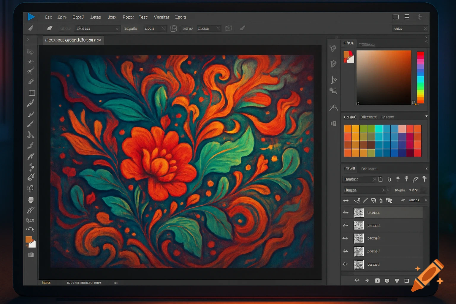A laptop screen displaying a graphic design software interface with a vibrant digital painting of red and orange flowers and green leaves against a dark background.