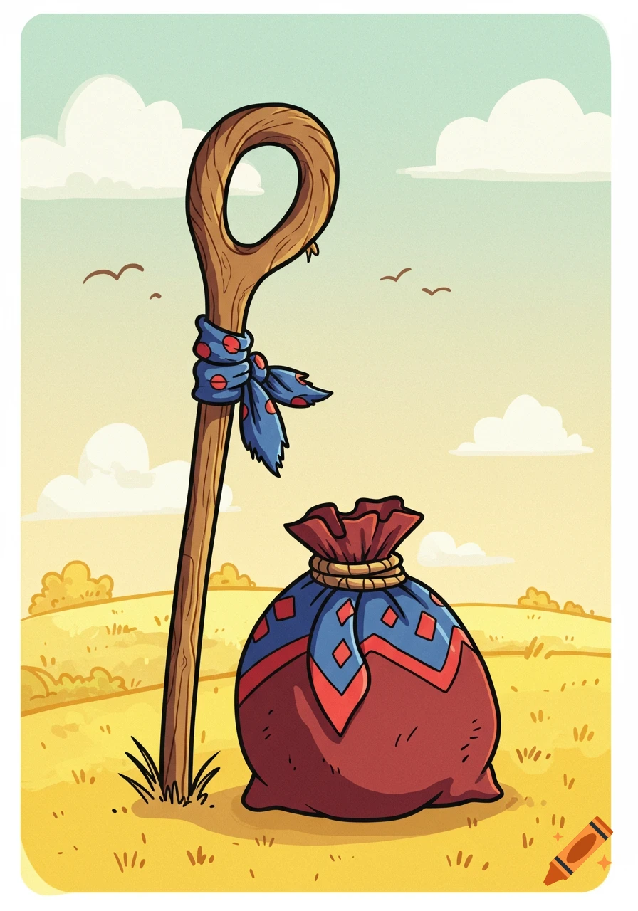Cartoon illustration of a wooden hobo stick with a blue bandana and a red and blue patterned hobo bag in a sunny field.