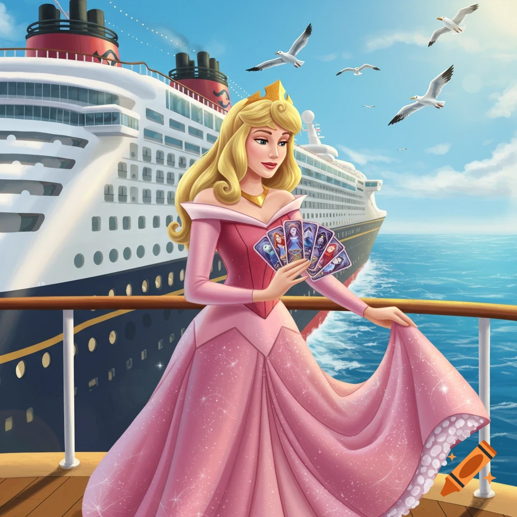 Princess Aurora in a pink dress stands on the deck of a Disney cruise ship, holding a fan of Lorcana trading cards.