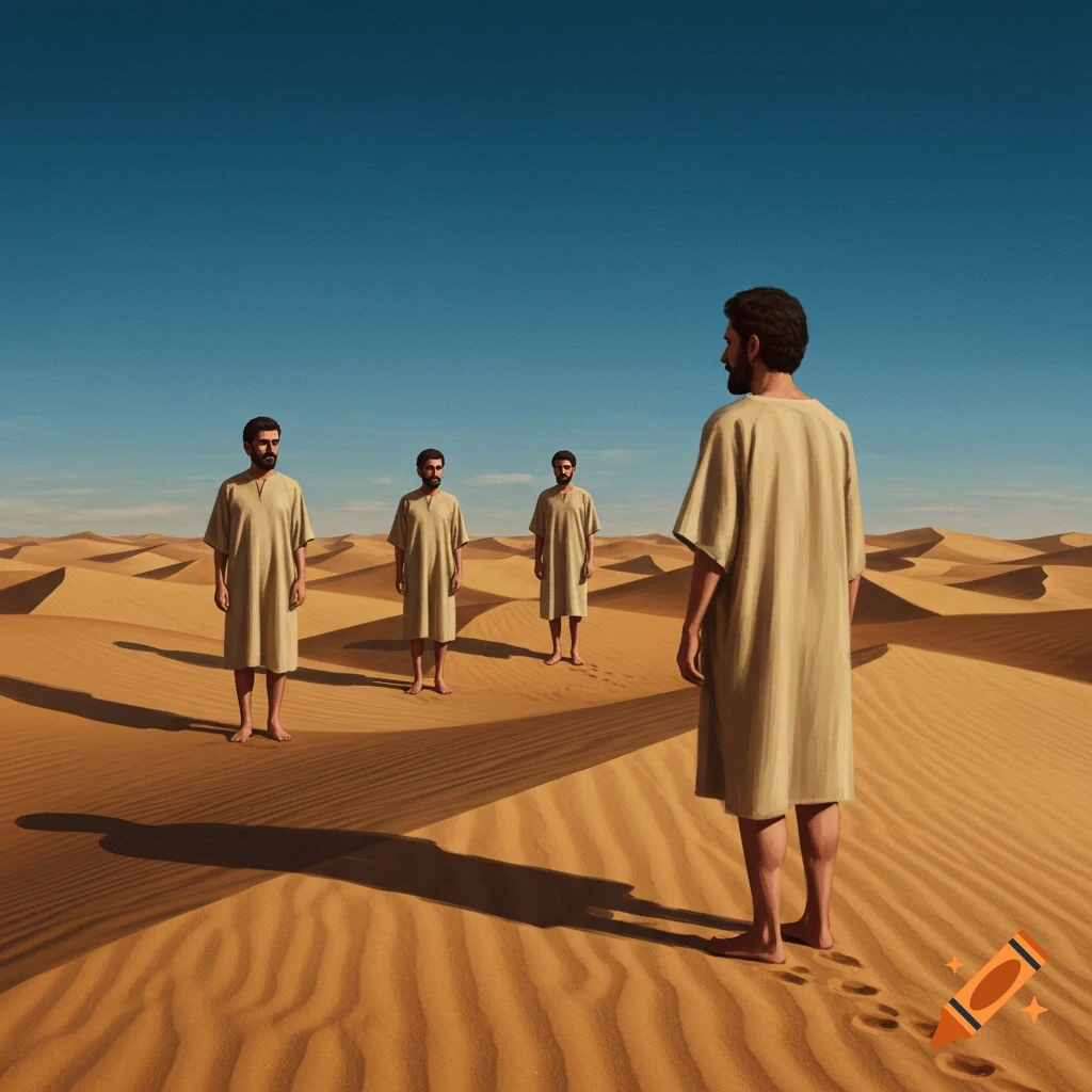 A man in a robe stands in a vast desert, looking back at three identical men standing behind him amidst sand dunes under a clear blue sky.