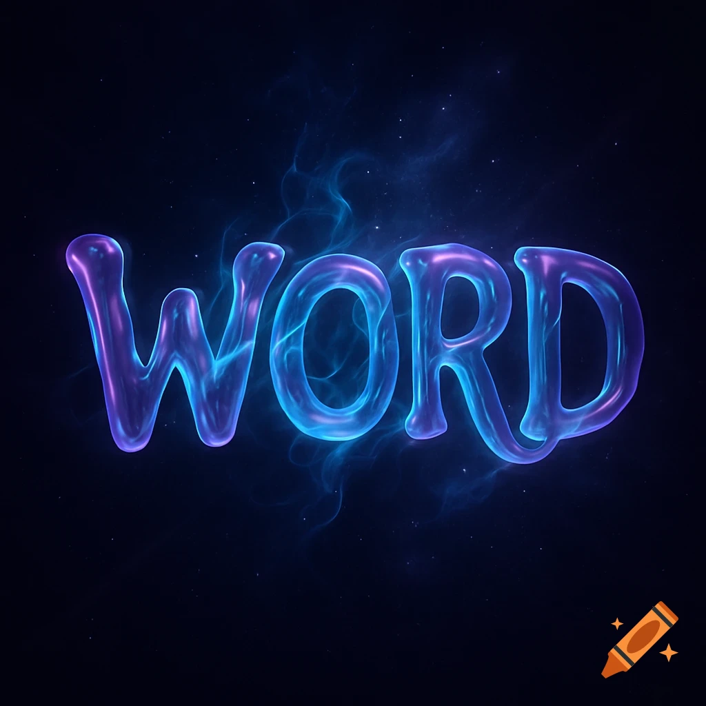 The word WORD rendered in glowing, iridescent purple and blue against a dark, smoky background.