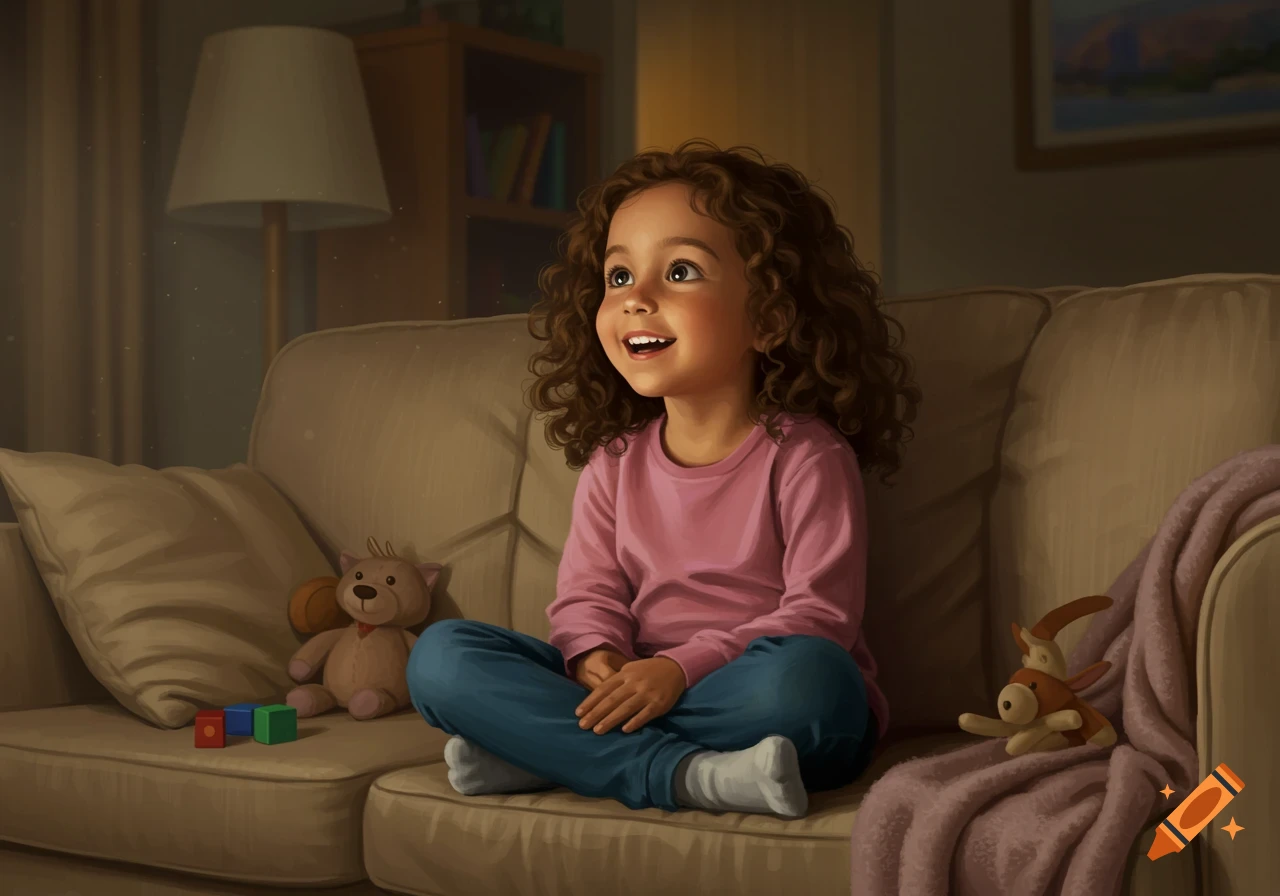 A smiling young girl with curly hair sits on a couch, watching TV with stuffed animals nearby in an illustrated style.