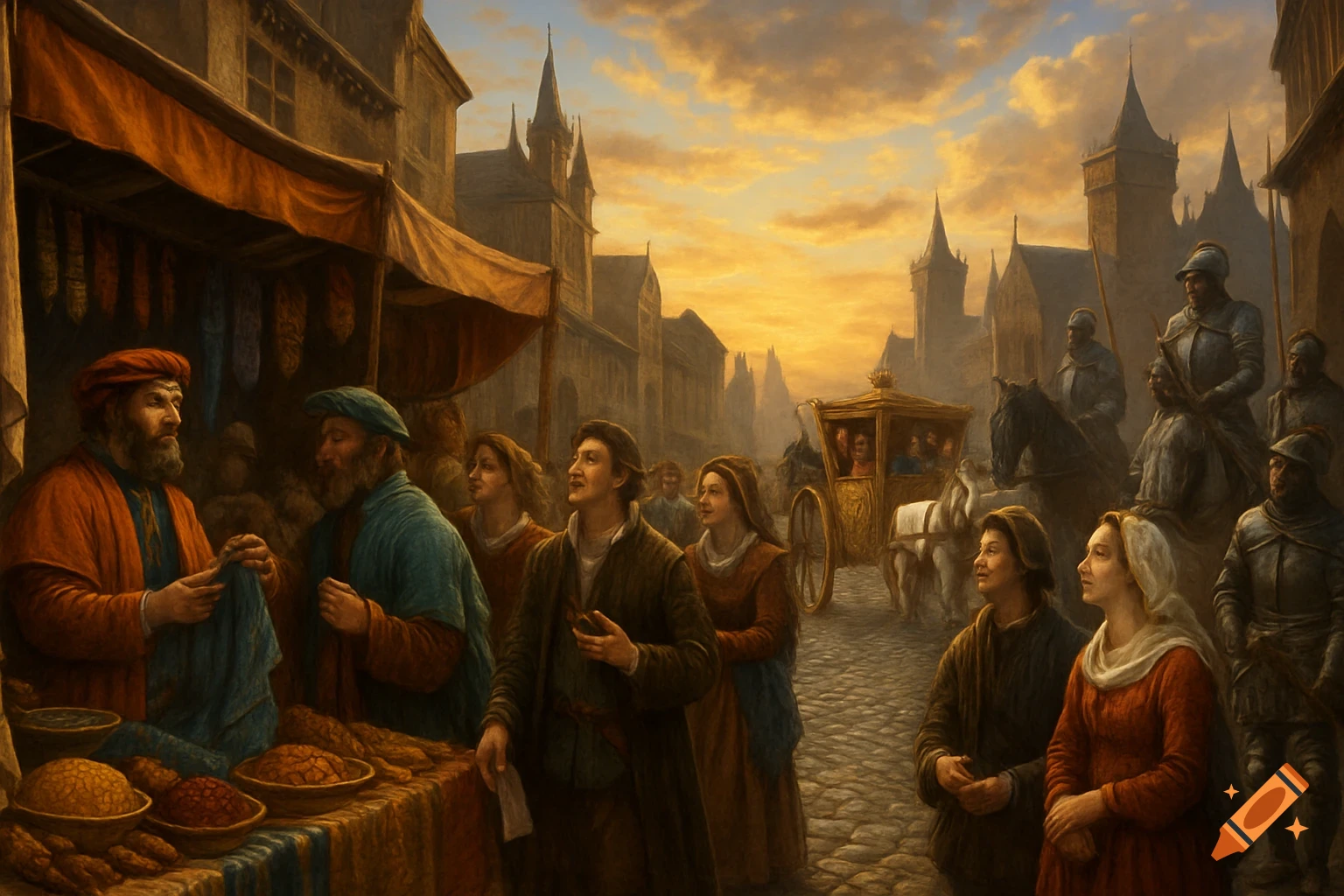 A painting of a bustling medieval market street at sunset, with merchants, townsfolk, and soldiers on horseback.