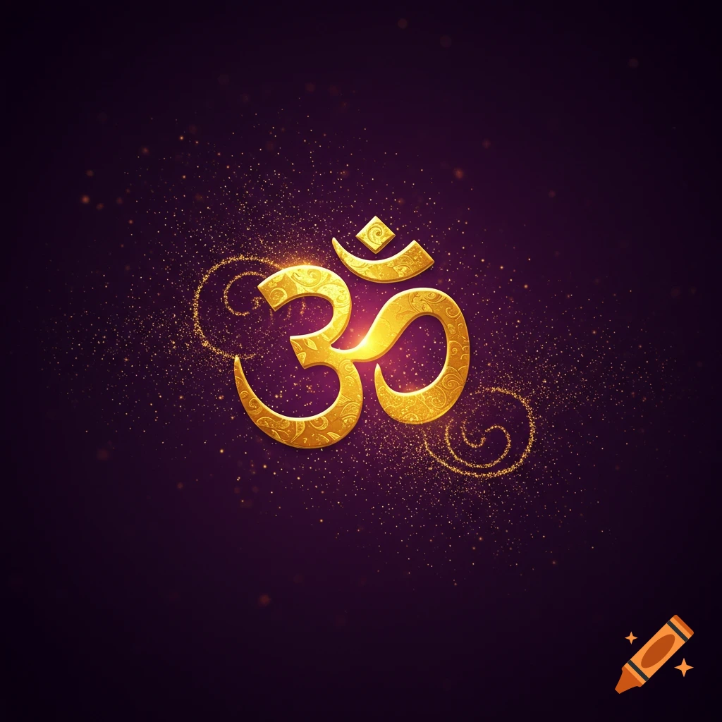 A golden Om symbol with ornate patterns and sparkling golden dust on a dark purple background.
