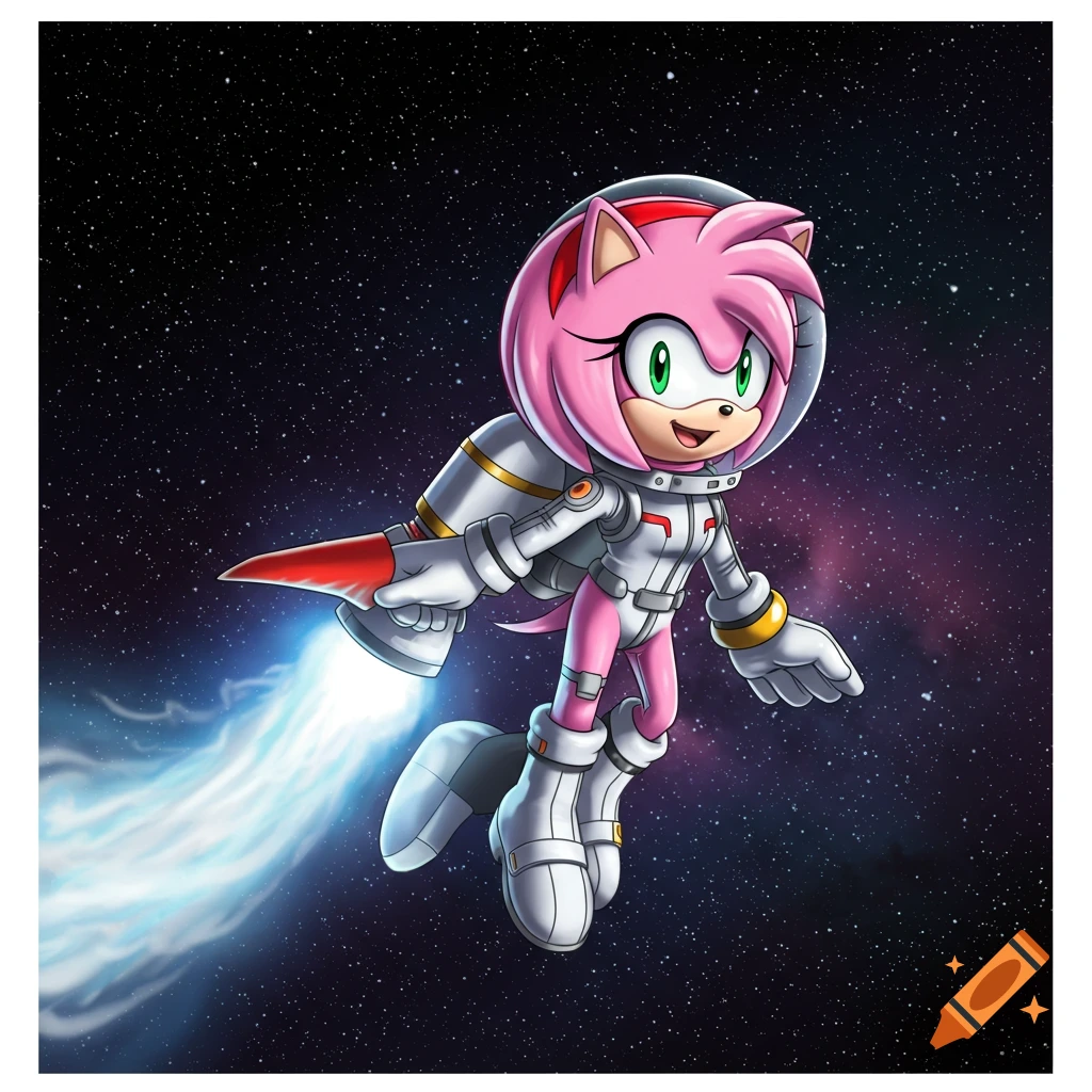 Amy Rose in a white spacesuit flying through a star-filled galaxy with a jetpack.
