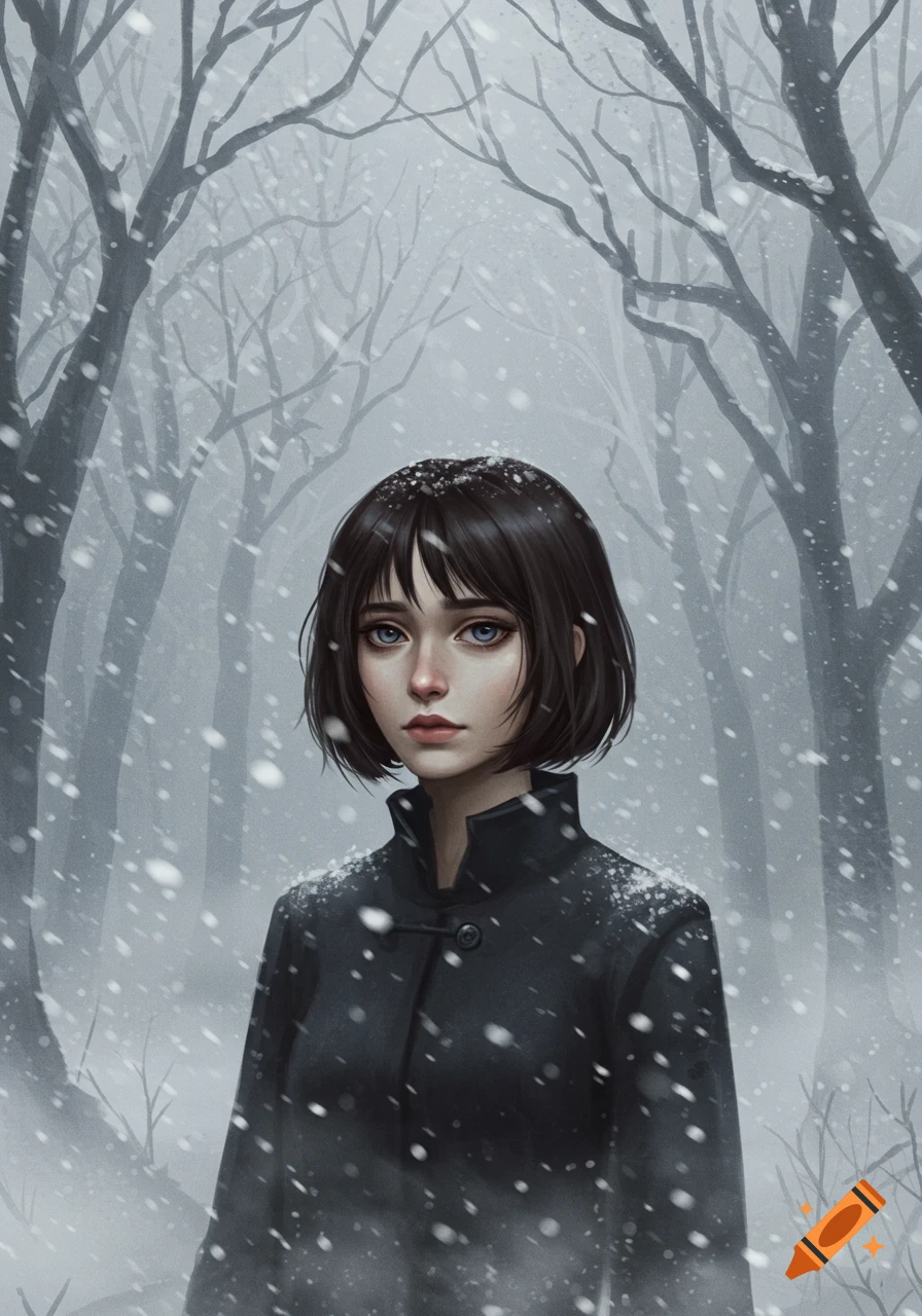 A solemn young woman with dark bobbed hair in a black coat stands in a snowy, foggy winter forest. Digital art style.