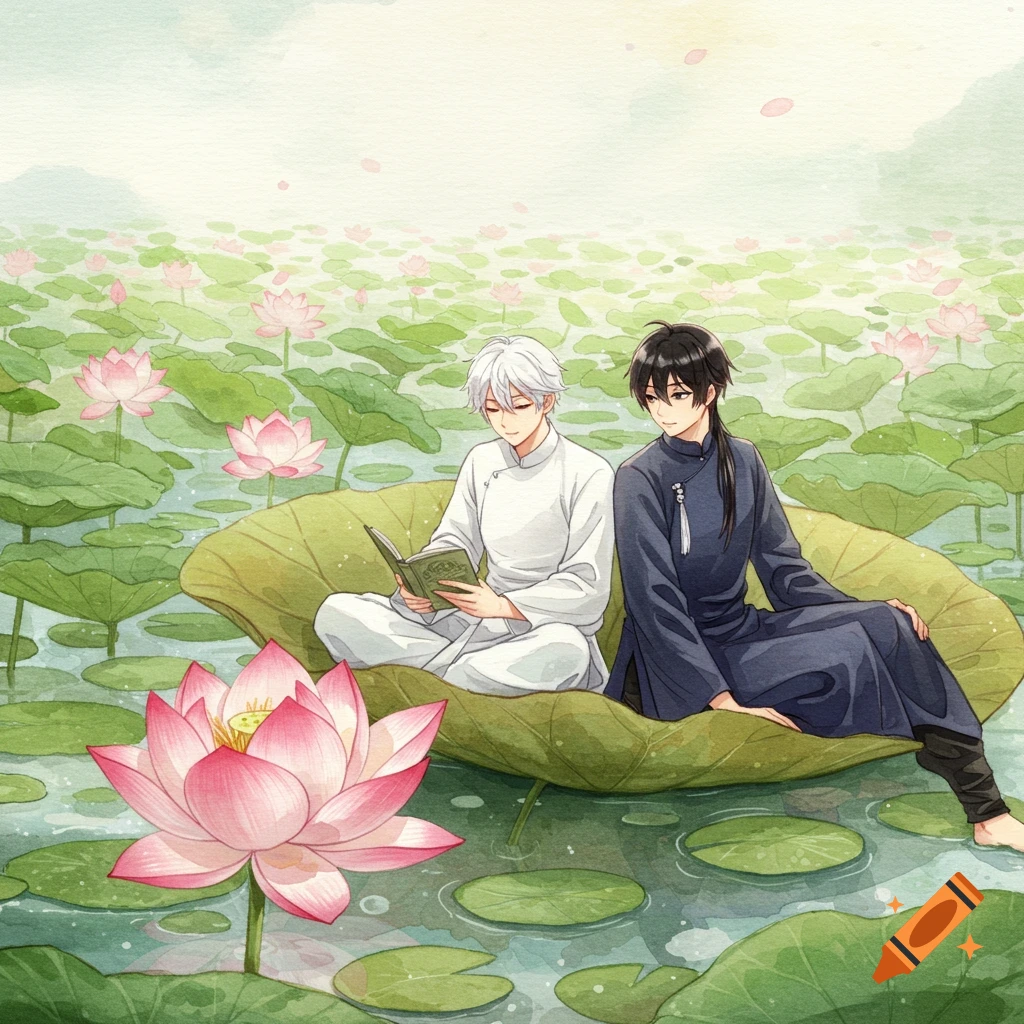 Two anime boys in traditional attire sit on a large lotus leaf in a watercolor lotus pond, one reading a book.