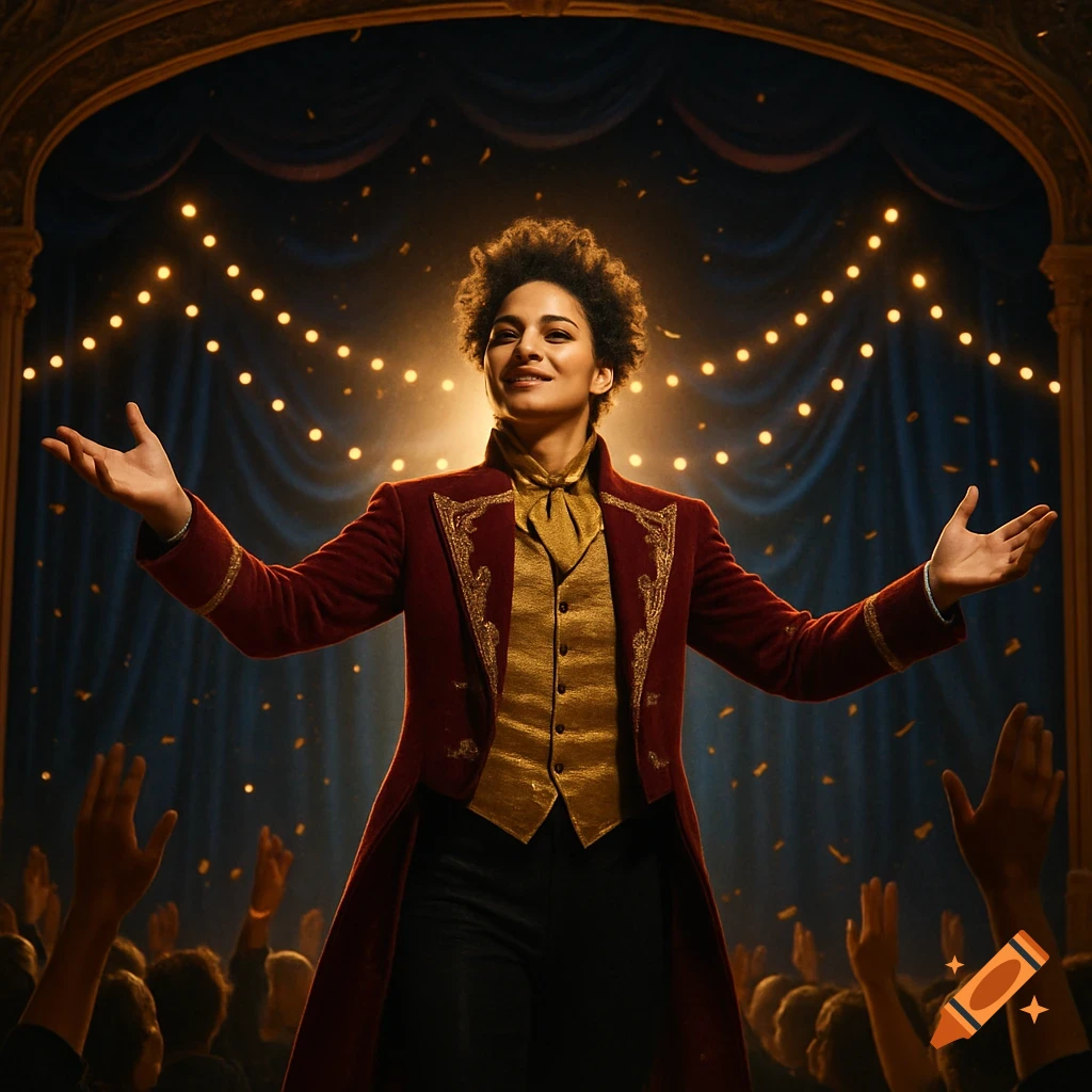 A charismatic showman in a red and gold suit stands on a lit stage with arms outstretched to an unseen audience.