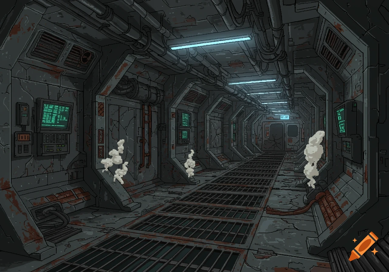 A long, dark, pixel art hallway inside a dystopian space station with pipes, screens displaying garbled text, and rusted grate floors.