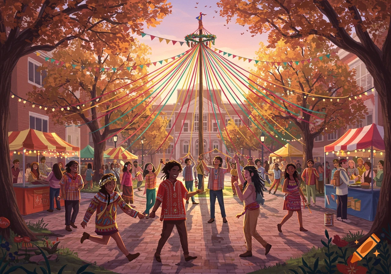 Diverse people celebrate a festival around a colorful maypole in a lively university courtyard at sunset, with market stalls.