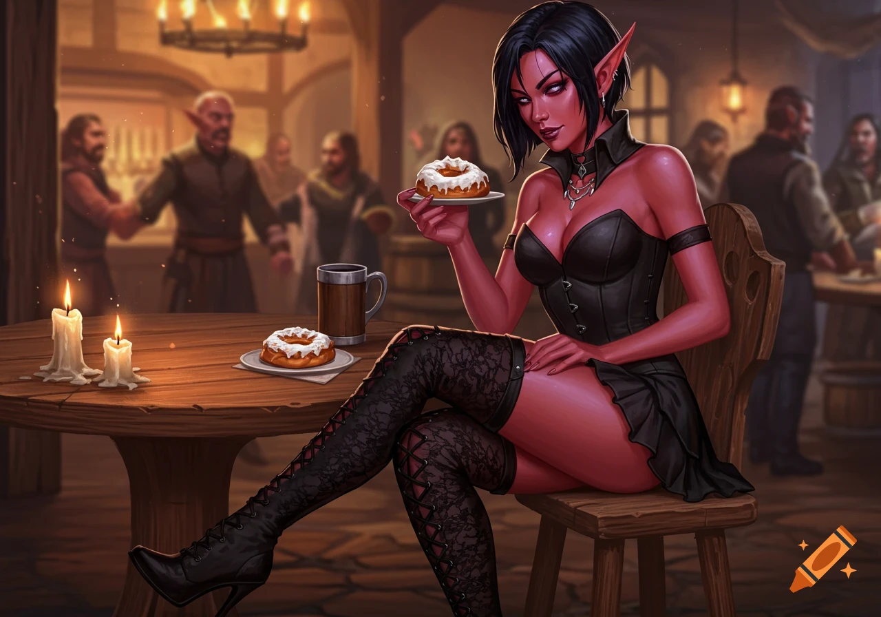 Red-skinned elf in black corset and thigh-high boots holding a pastry in a dimly lit tavern, fantasy digital art style.
