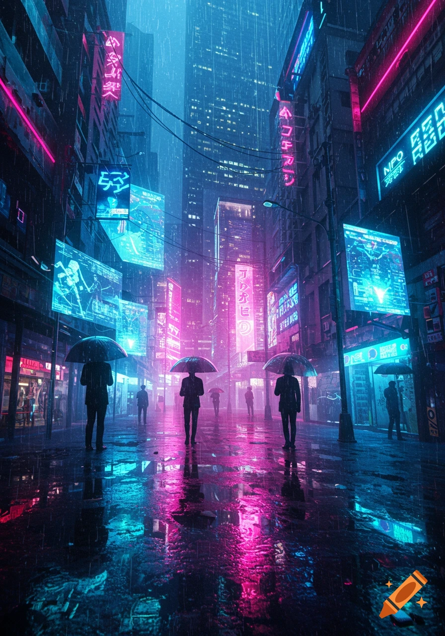 A dark, rainy cyberpunk city street with people holding umbrellas under bright pink and blue neon signs reflecting on the wet pavement.