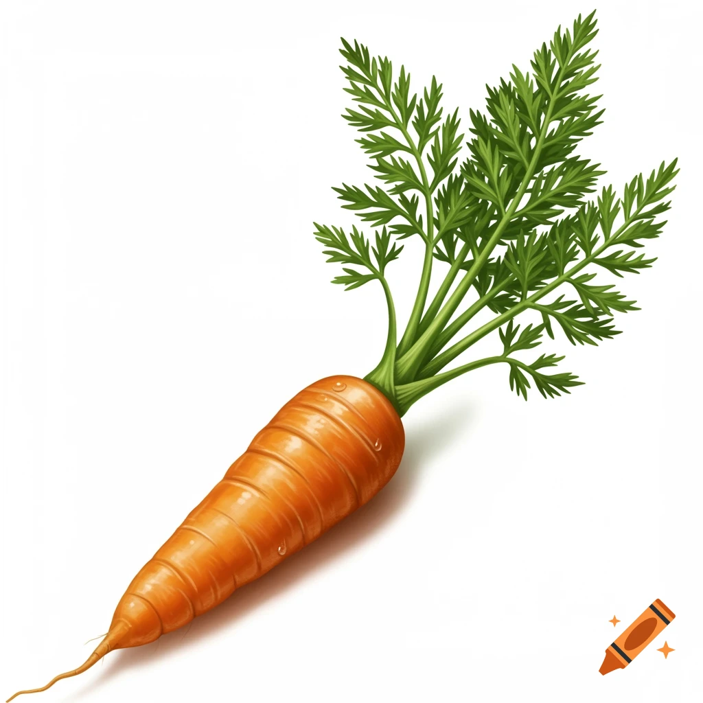 A vibrant orange carrot with green leafy tops and subtle water droplets, isolated on a white background.