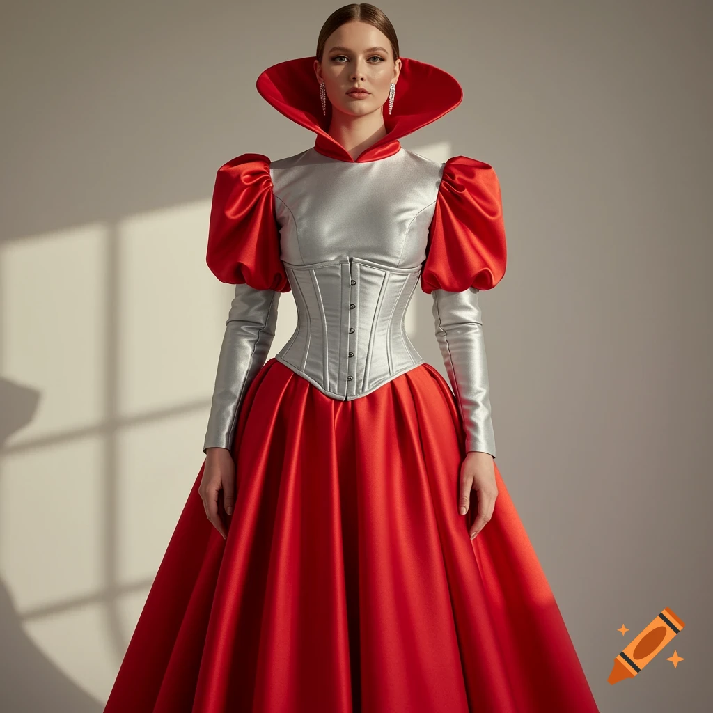 A woman in a dramatic silver and red gown with a large red collar, silver corset, and puffed red sleeves, stands against a plain background.