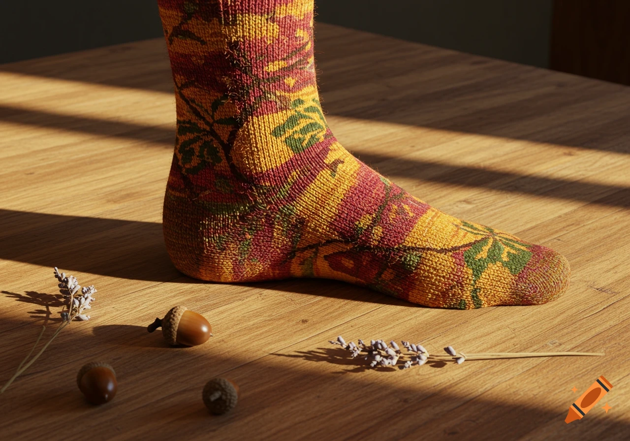 A close-up of a vibrant, patterned sock, acorns, and dried lavender on a sunlit wooden floor.