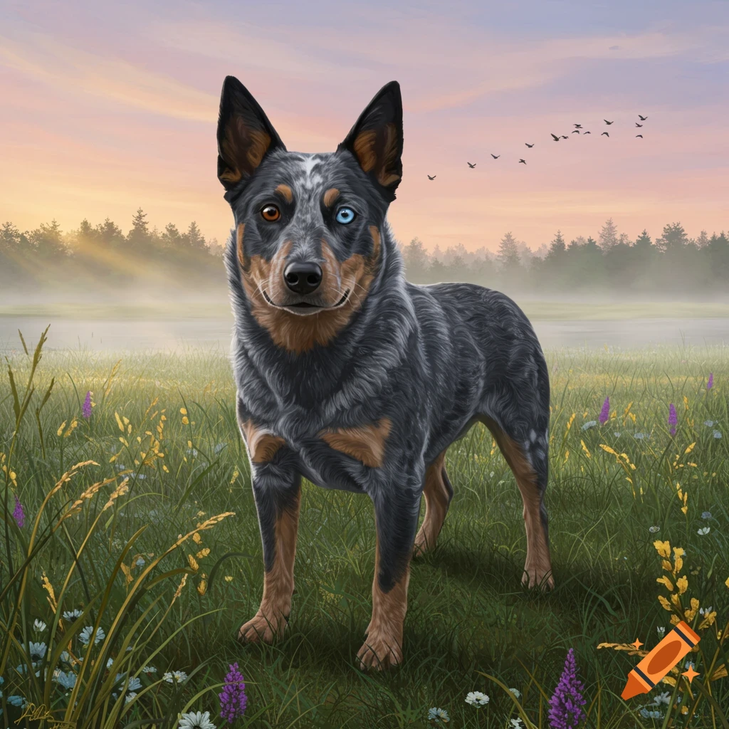 A photorealistic blue heeler dog with one brown and one blue eye stands in a grassy field with wildflowers, misty forest and sunset sky.