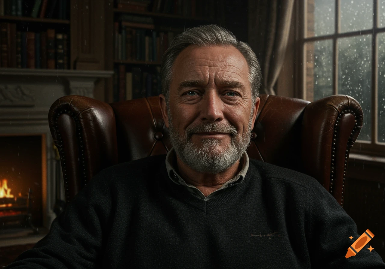 A photorealistic portrait of an older man with a beard smiling, sitting in a leather armchair by a fireplace and a rainy window.