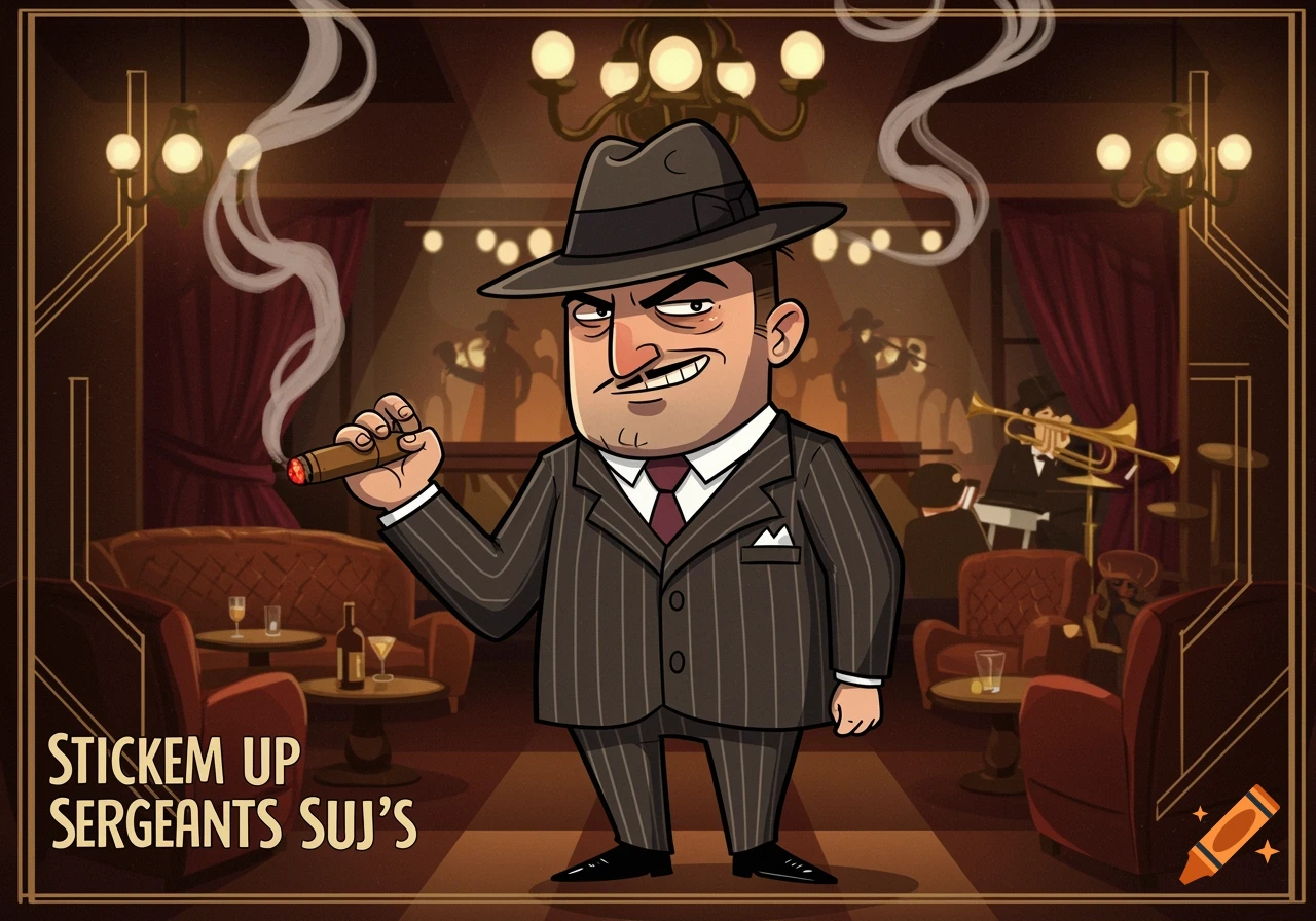 Cartoon gangster in a fedora and pinstripe suit smoking a cigar in a speakeasy with a jazz band. Text reads "STICKEM UP SERGEANTS SUJ'S".