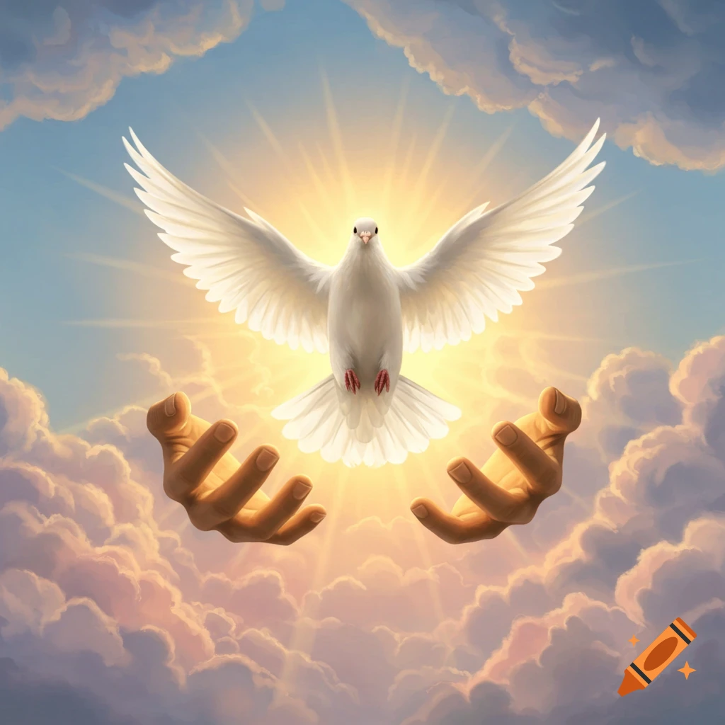 A white dove with outstretched wings descends from a bright light in the clouds, with two hands reaching up.