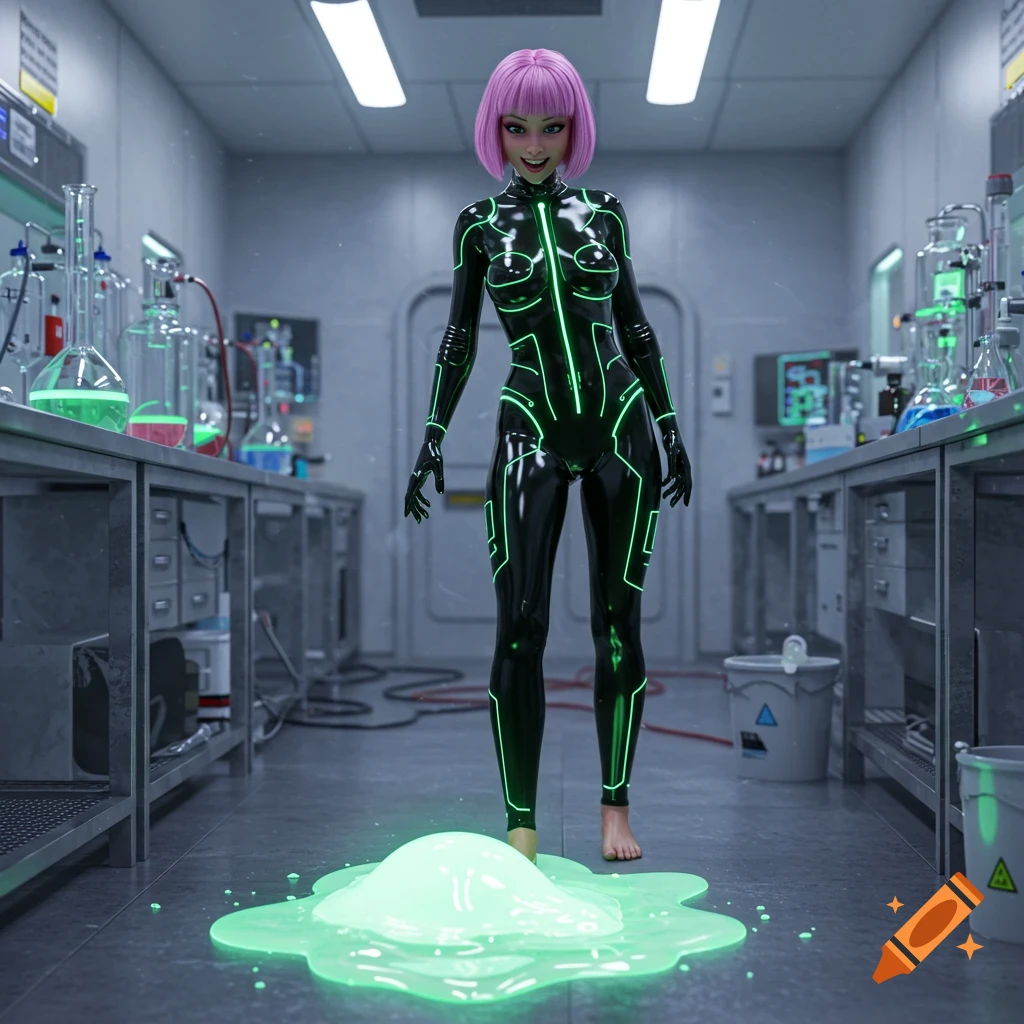 A pink-haired woman in a black latex suit with glowing green lines stands barefoot in a sci-fi lab, touching a luminous green puddle.
