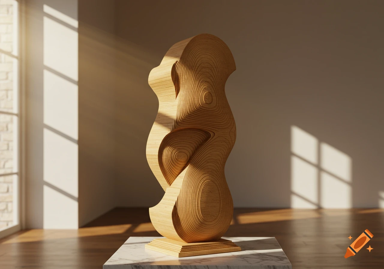 A tall, undulating wooden sculpture with layered textures sits on a marble pedestal in a sunlit room.