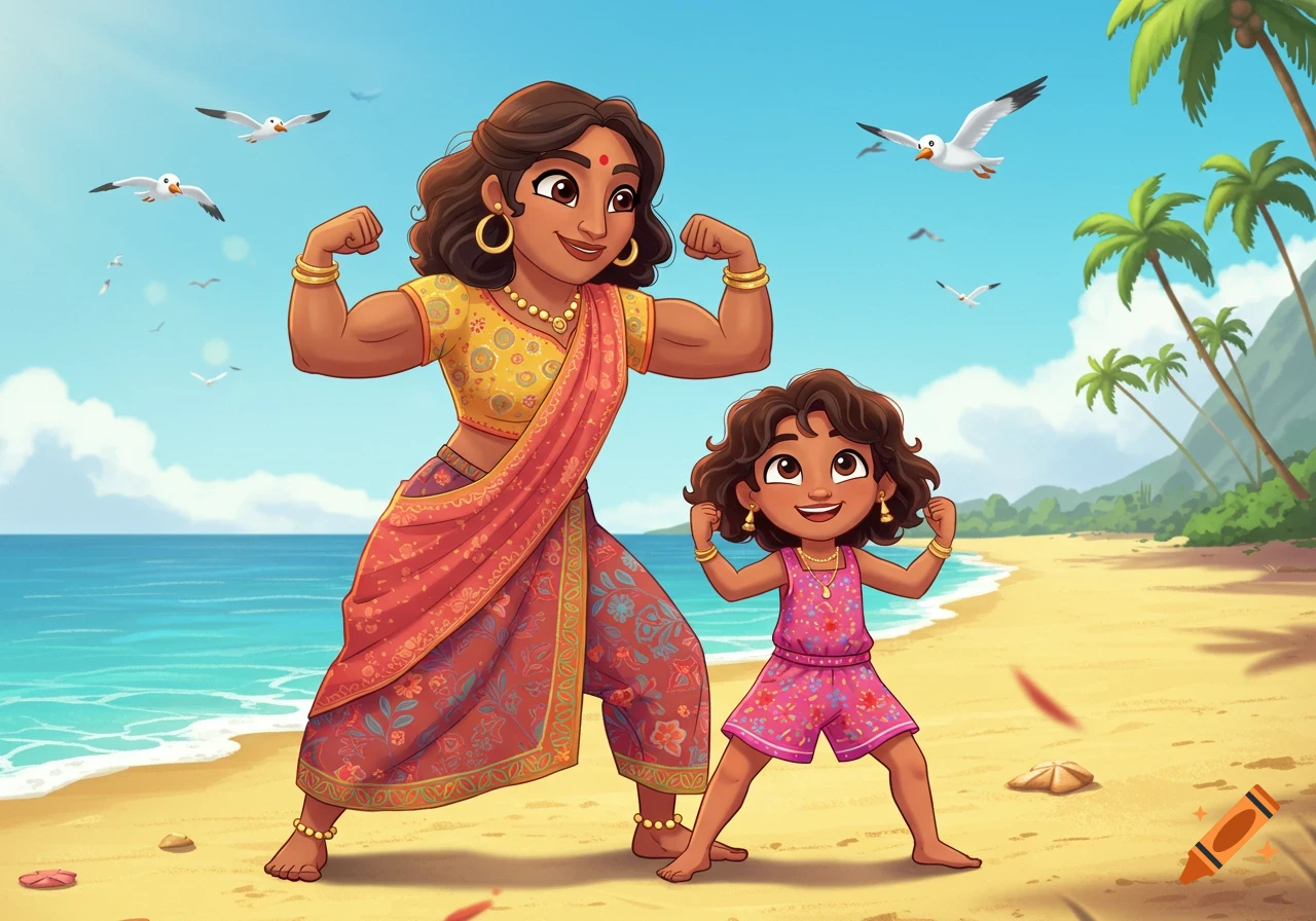 A cartoon mother and daughter, inspired by Mira, Royal Detective, flex their muscles on a sunny beach.