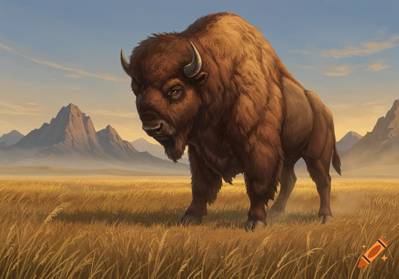 A majestic brown bison stands in a golden grassy field with mountains in the background under a clear sky, in a digital painting style.