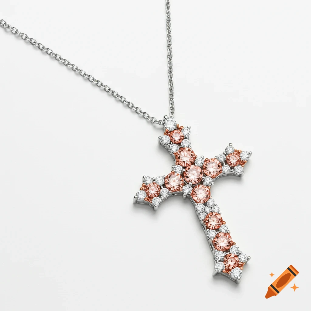 Photorealistic cross necklace featuring pink and white diamonds on a white background.