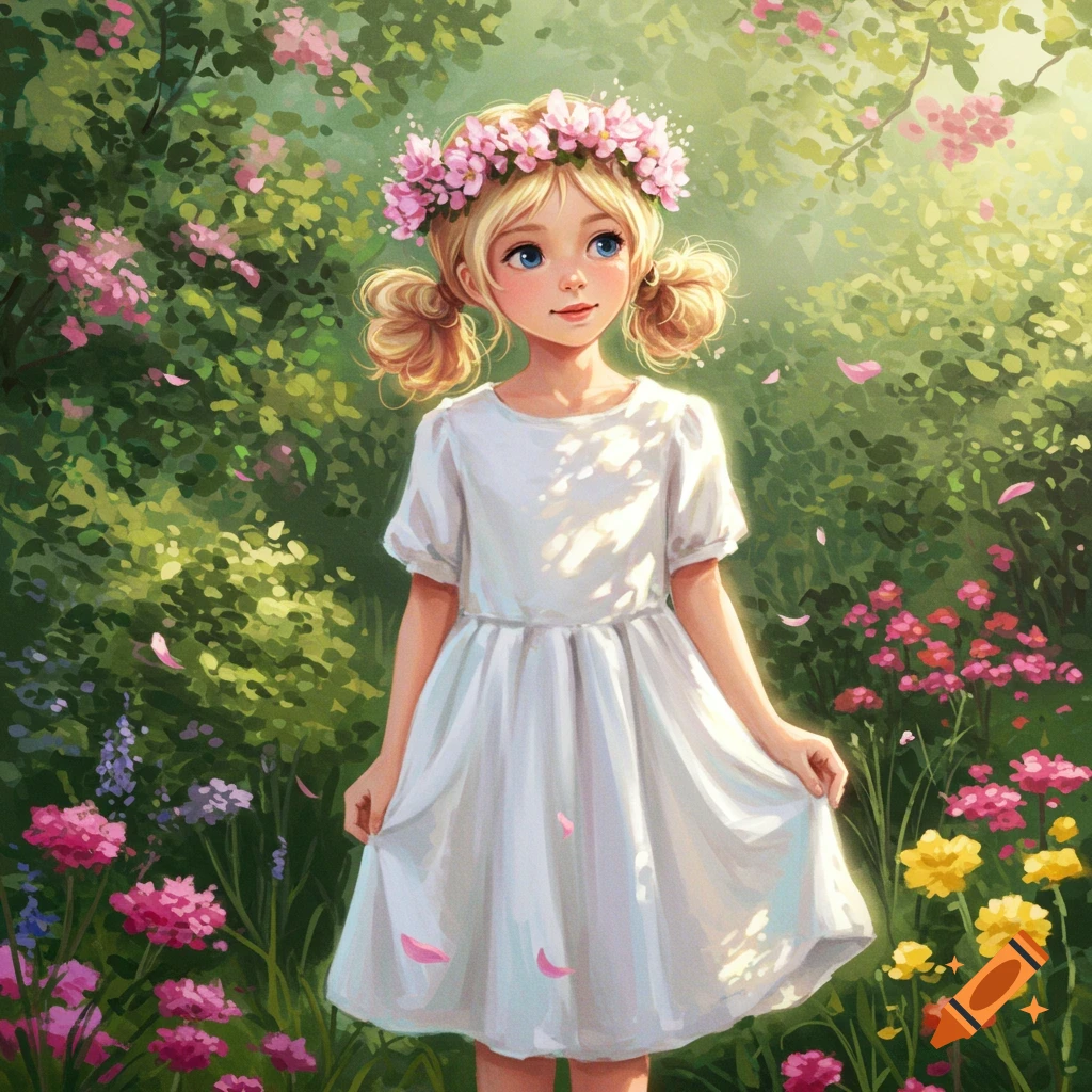 Young girl with blonde pigtails, flower crown, and white dress stands in a sunlit garden with colorful flowers in an illustration style.