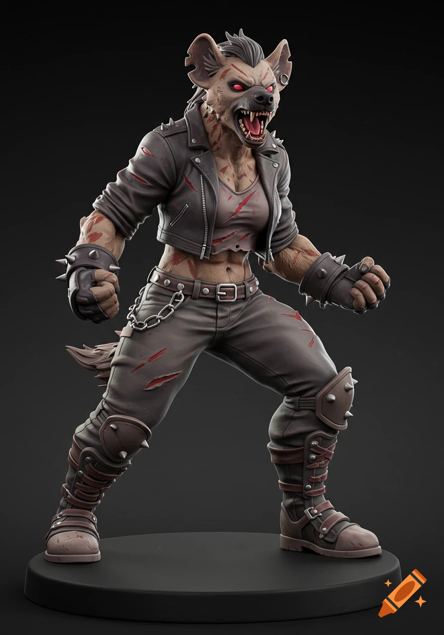 A menacing, muscular female hyena humanoid in a ripped leather jacket, spiked gauntlets, and armored boots, stands in a power pose on a dark pedestal.