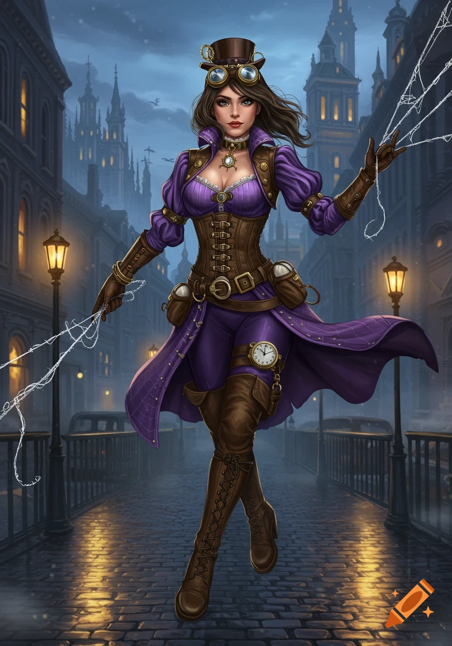 A full-body illustration of a young woman with spider powers in a purple and brown steampunk outfit, standing on a cobblestone street at night with city buildings in the background.