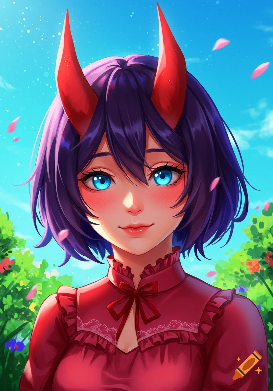 A close-up anime portrait of a smiling young woman with short purple hair, red demon horns, blue eyes, and a red ruffled dress, set outdoors.