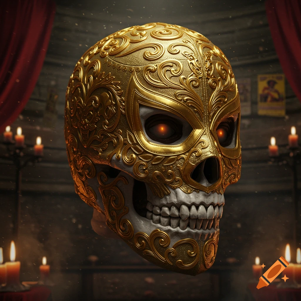 A highly detailed, ornate golden wrestling mask covers a realistic skull with glowing orange eyes, set against a dark background with red curtains and lit candles, in a dramatic, eerie style.