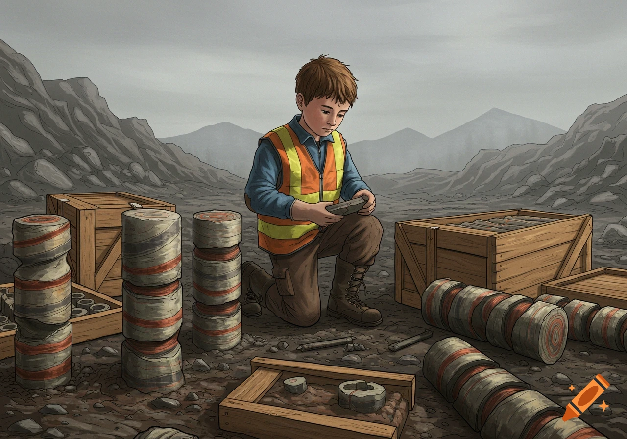 A young boy in a safety vest kneels amidst wooden crates and cylindrical drill cores in a desolate, rocky landscape, examining a sample.