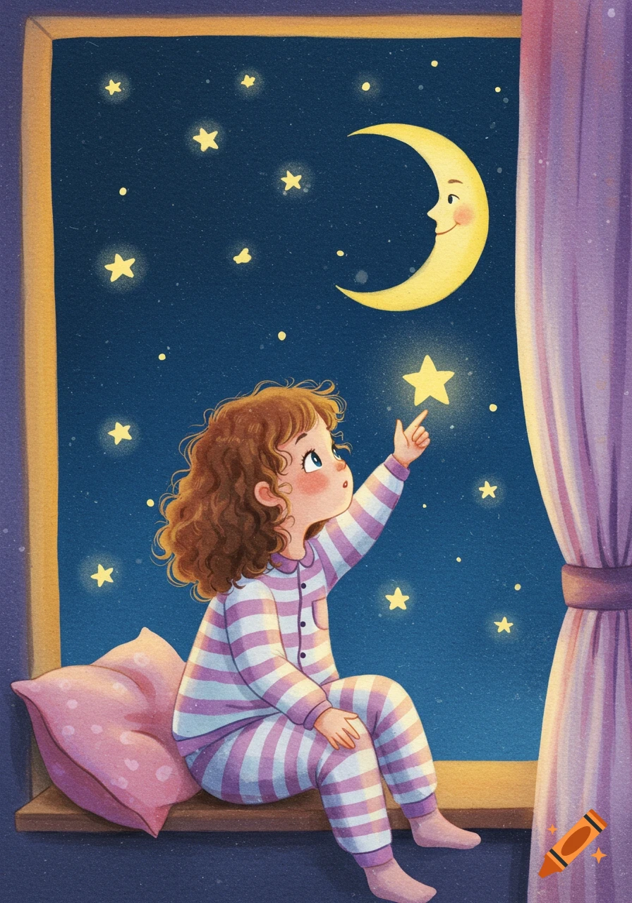 A watercolor illustration of a little girl in striped pajamas sitting on a windowsill, reaching for a glowing star in the night sky with a smiling crescent moon.