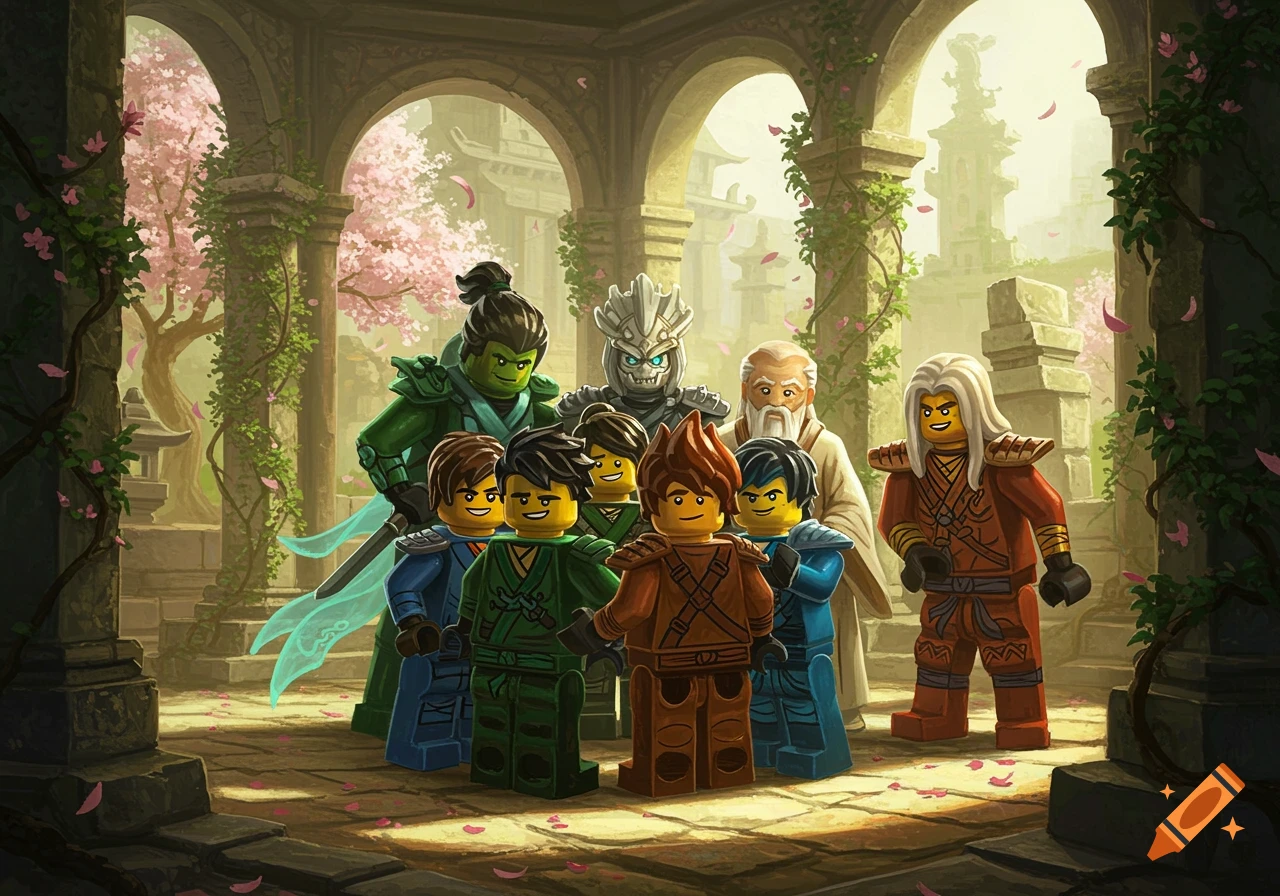 A group of Lego Ninjago characters, including ninjas and their masters, stand in an ancient temple courtyard with cherry blossoms.