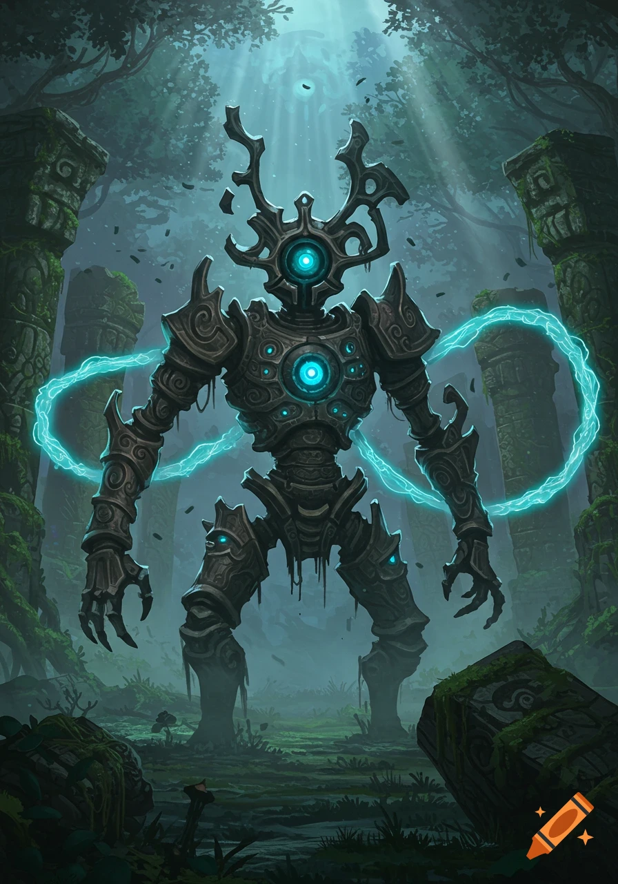 A large, ancient-looking mechanical guardian robot with glowing blue eyes and chest core, standing in overgrown jungle ruins bathed in mystical light.