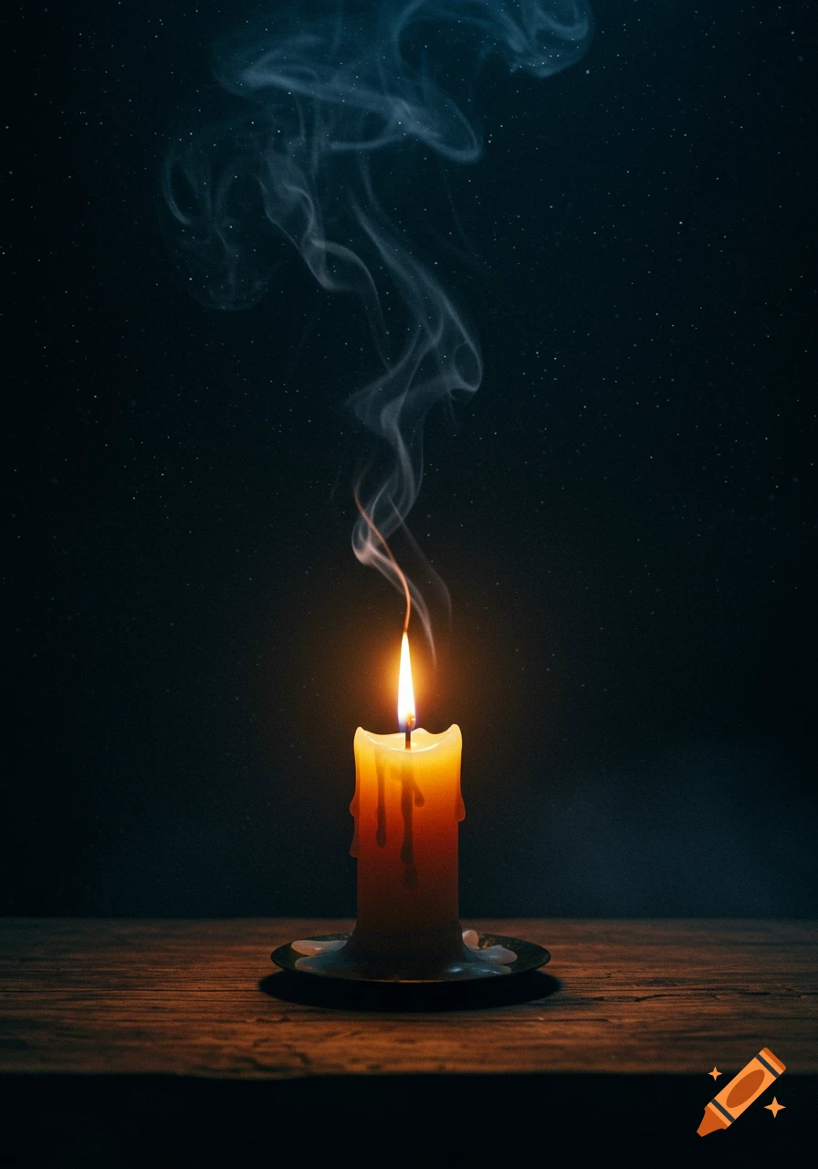 A lit yellow candle on a wooden surface with smoke rising into a dark, starry background.