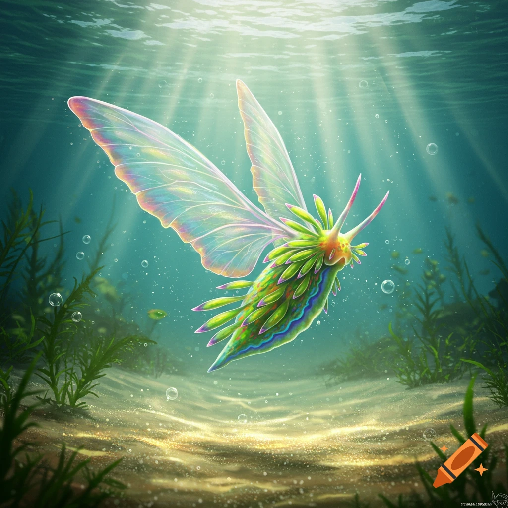 A vibrant, colorful sea angel and leaf slug hybrid with iridescent wings floats in sunlit clear blue water with bubbles and green plants.