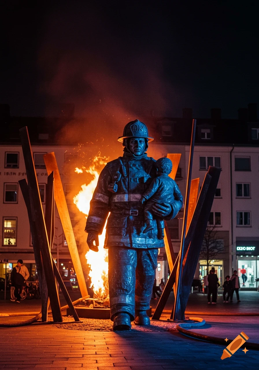 A dark, dramatic image of a bronze firefighter statue holding a child, standing in front of large flames at night in a city square.