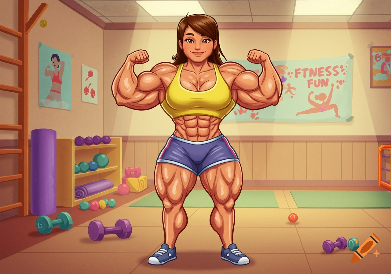 A cartoon female bodybuilder with brown hair and a yellow top flexes her muscles in a gym with a 'FITNESS FUN' banner.