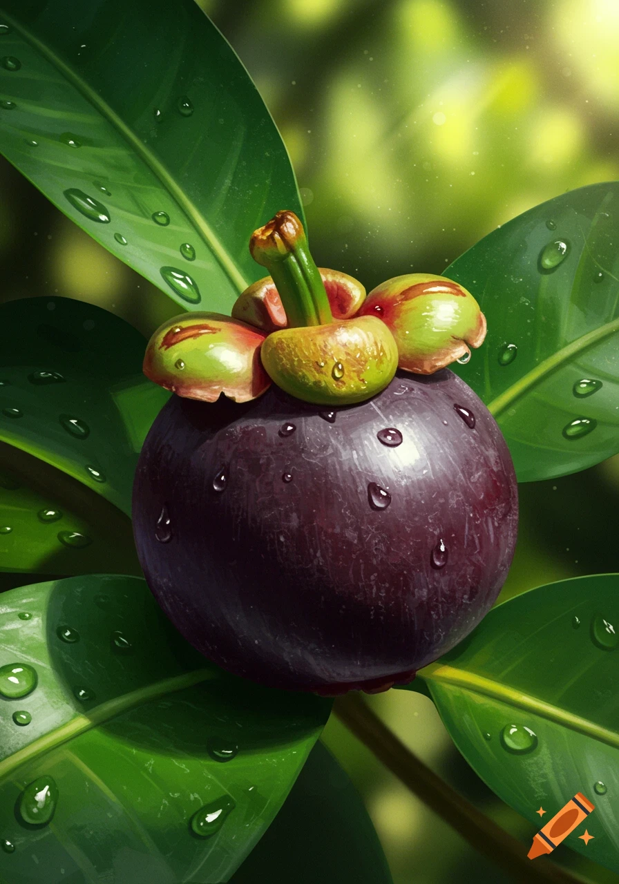 A vibrant purple mangosteen fruit on a branch with green leaves and water droplets.