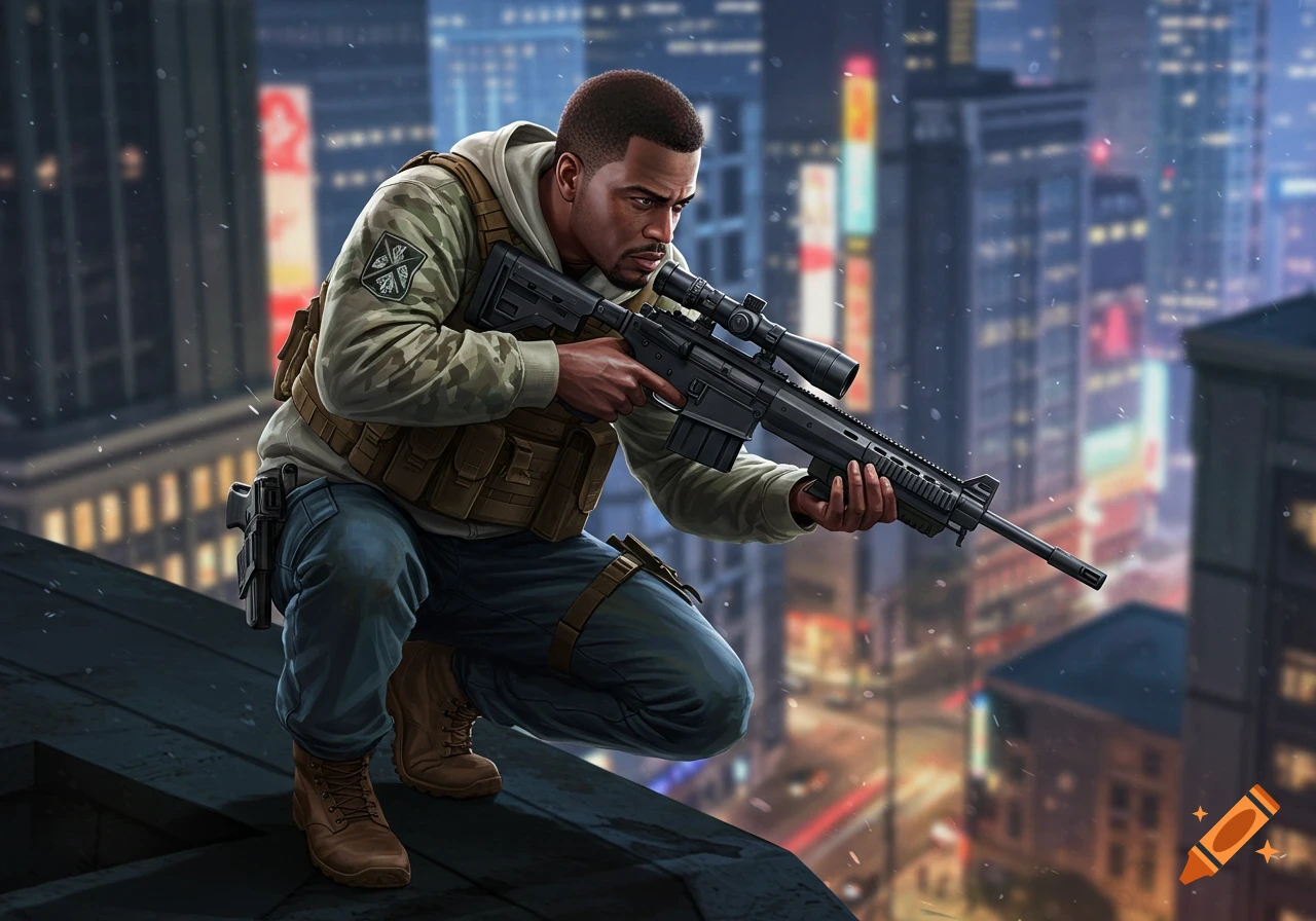 A man in tactical gear crouches on a building ledge, aiming a sniper rifle over a blurry city at night.