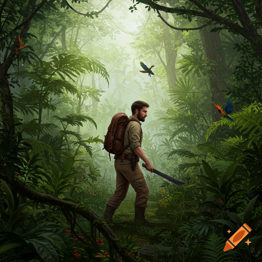 A man with a backpack and machete walks through a lush, misty jungle with birds flying.