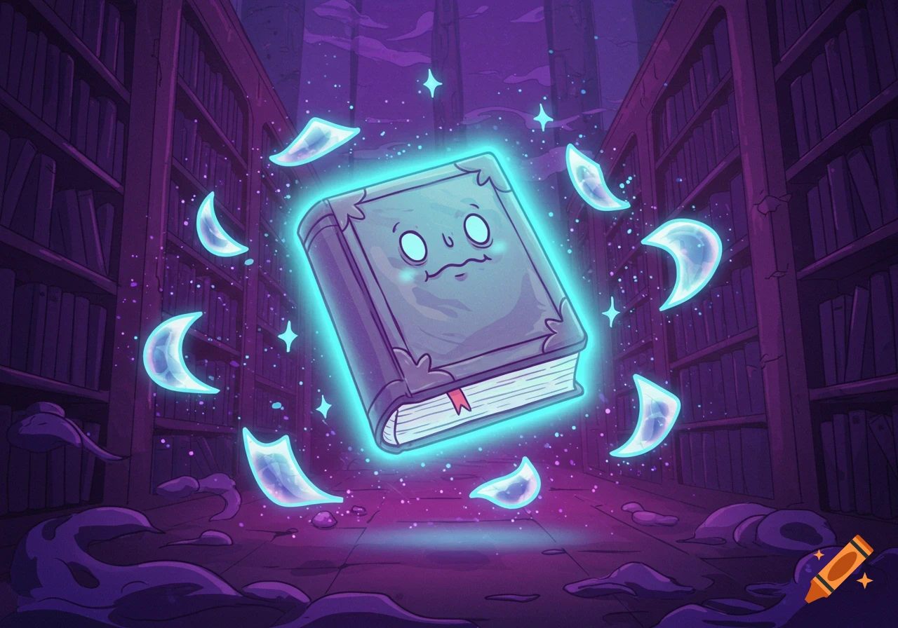 A spectral, glowing book with a goofy face floats in a purple and blue magical library, in a cartoon style.
