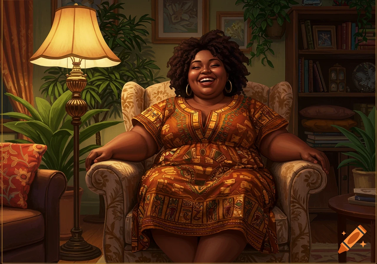 A smiling Black woman with curly hair sits comfortably in a patterned armchair in a cozy room with plants and a bookshelf.